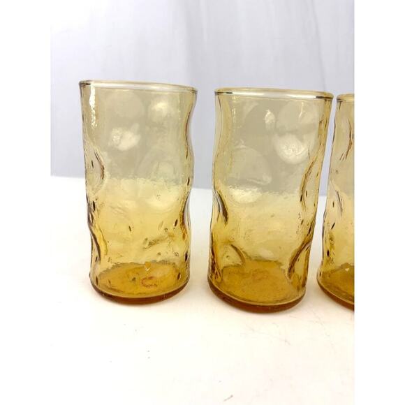 VTG Honey Amber Dimpled Glass Tumblers Pinched Yellow MCM Set of 4 - Picture 2 of 14